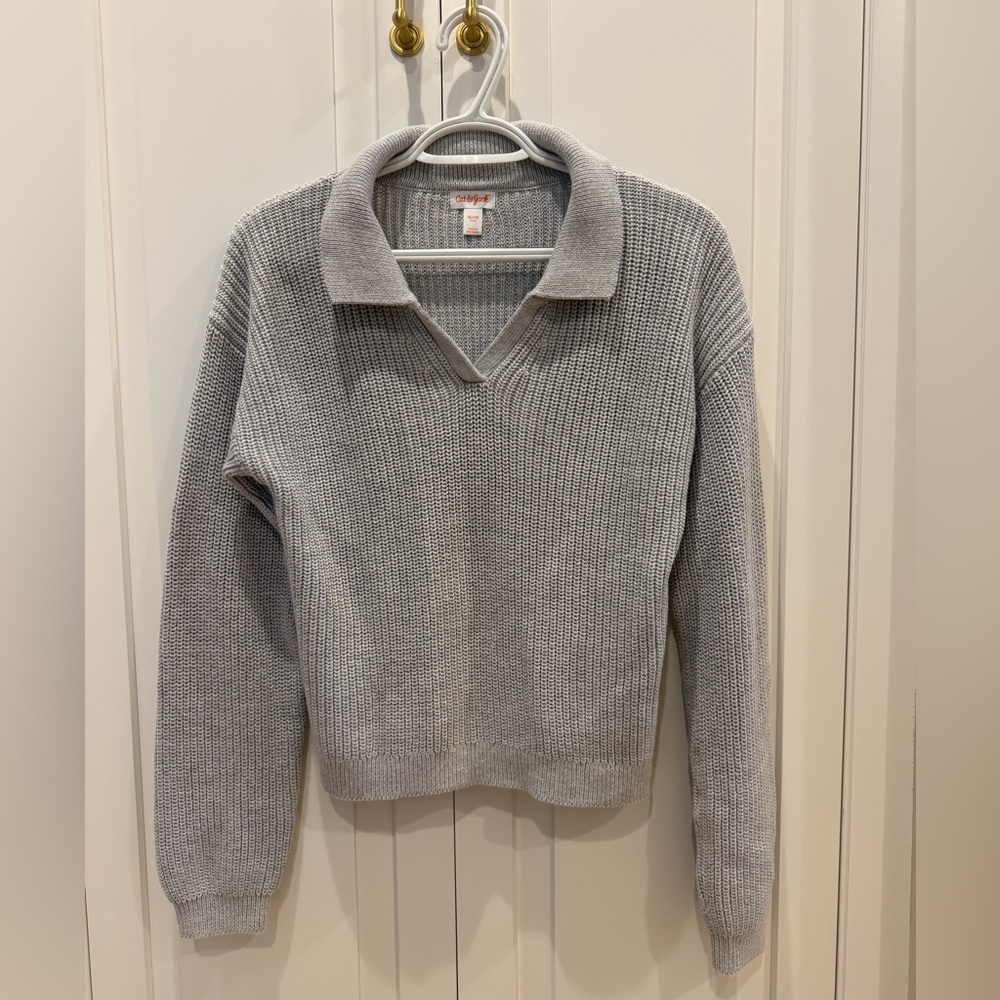 Cat & Jack Light Gray V‑Neck Collared Knit Sweater
